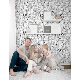 Heroad Peel and Stick Wallpaper Black and White Contact Paper Dog Wallpaper Modern Cute Puppy for Nursery Room Bedroom Bathroom Cabinets Vinyl Roll Self-Adhesive Waterproof 17.3" x 118"