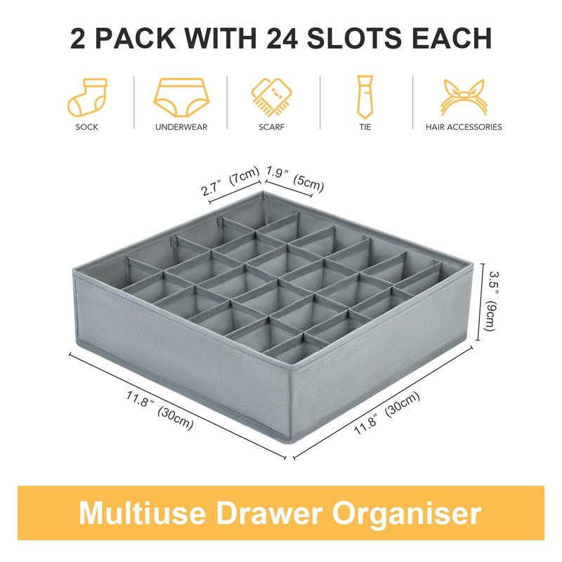 DIMJ Pack of 2 Storage Boxes for Socks, 24 Cell
