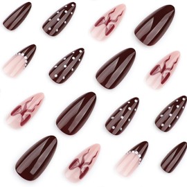 24 Pcs Almond Press On Nails Short Red Bow Spring Fake Nails with White Polka Dots Design False Nails Acrylic Nails Cute Bowknot Holiday Stick on Nails Brown Glue on Nails Artificial Nails for Women