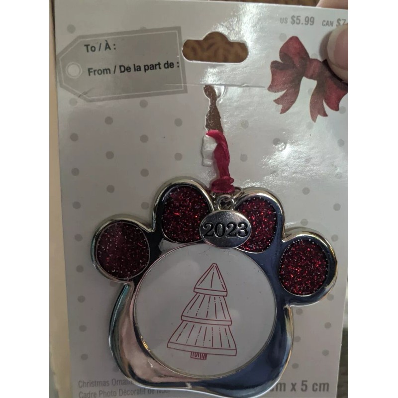 Christmas Dog Paw Silver/Red Photo Holder Ornament New 2" X