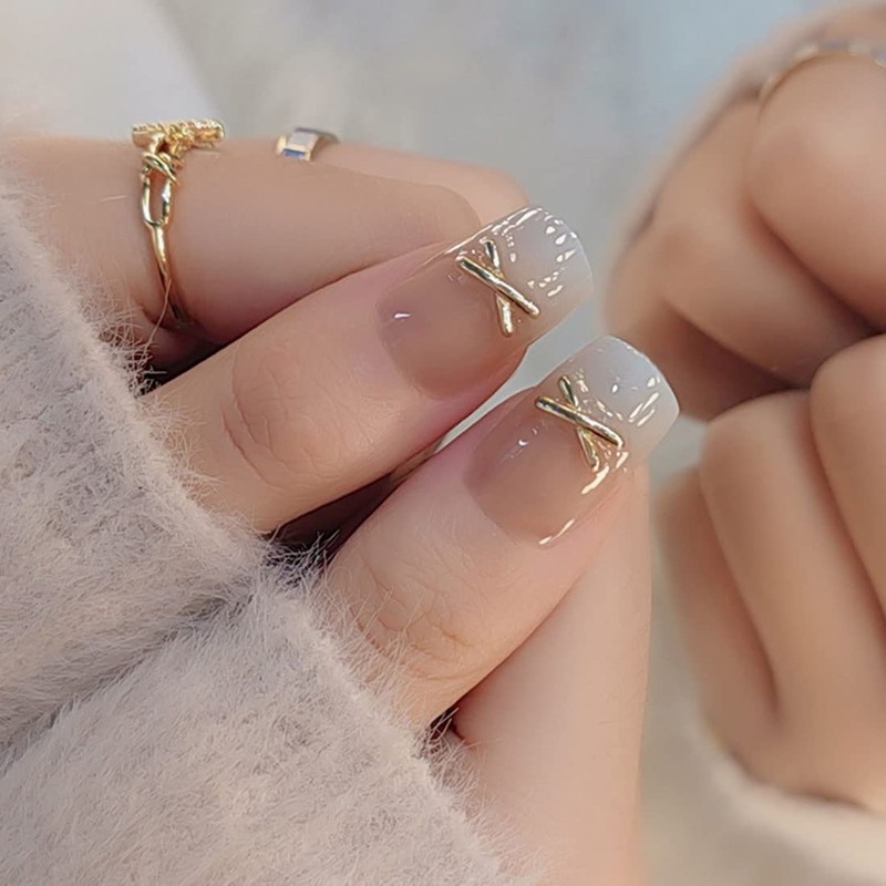 SINLOV 24pcs Square Coffin Nails Fake Nude Acrylic Print on