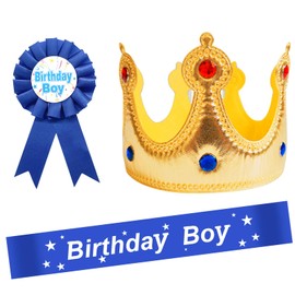 BLMHTWO Blue Birthday Party Supplies - 3Pcs Boy Sash, Crown Hat, and Pin for Kids Theme Dress Up Set