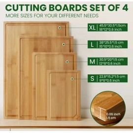 kikcoin 4pc Bamboo Cutting Board Set - Thick Wood Serving Boards For Kitchen