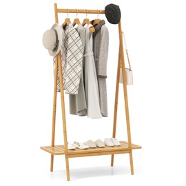 Tangkula Bamboo Clothing Rack, 65.5” Clothes Rack with Top Hanging Rod, Rattan Shelf & 5 Copper Hooks, Large Garment Rack, Cloth Hanger Standing Organizer for Coats, Bags & Shoes (Natural)