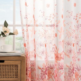 Woaboy Curtains Pink Voile Floral Pattern Curtains with Eyelets Living Room Transparent Eyelet Curtain Sheer Voile Curtains for Bedroom Set of 2 140 x 245 cm (W x H)