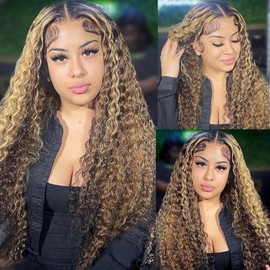 Ombre Highlight Wear and Go Glueless Wigs Human Hair Pre Plucked Pre Cut #4/27 Colored Deep Wave Lace Front Wigs Human Hair 4x4 HD Lace Closure Wigs 150% Density Glueless Wigs Human Hair 22 Inch