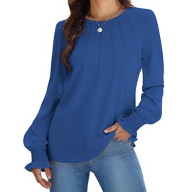 Funlingo Womens Tops Dressy Casual Winter Long Sleeve Shirts Ruffle Tunic Blouse Knit Crew Neck Oversized Tshirts Flattering Clothes Deep Blue XS