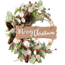 18 Inch Wooden Bead Christmas Wreath Artificial Front Door Wreath with Lamb's Leaves Pine Cones Berries Shells, Merry Christmas Door Sign Wreath for Indoor Home Porch Wall Window Festival Decor