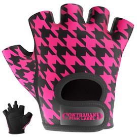 Contraband Pink Label 5257 Women's Design Series Houndstooth Print Lifting and Rowing Gloves (Pair) - Lightweight Vegan Medium Padded Microfiber Amara Leather w/Griplock Silicone (Black/Pink, Medium)