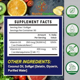 Vitamin D3 10,000 IU + K2(MK7) 200mcg, 90 Softgels, 2-in-1 Vitamin D3 K2 Supplement for Bone,Heart, Immune & Teeth Support, Easy to Swallow, Made in U