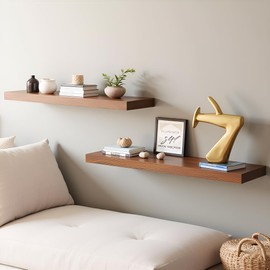 LA GRANGE RANGE® 23.6" Floating Shelves For Wall, 2x Pack, Wall Shelves for Storage & Décor, Perfect for Bathroom, Bedroom, Kitchen, Living Room, Natural Wood Finish with Hidden Bracket (Toasty Brown)