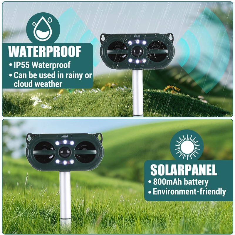 Repelente de animales ultrasónico solar para gatos, ardillas, ciervos, mapaches
