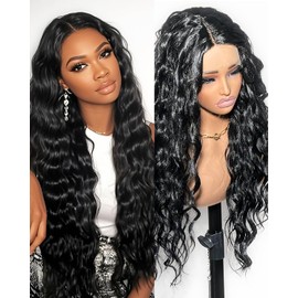 13x4 Deep Wave Lace Front Wigs Synthetic Black Wig Pre Plucked HD Transparent Lace Front Wig 180% Density Natural Long Wigs for Women 30 Inch Wear and Go Glueless Wig With Baby Hair Loose Wavy Wig