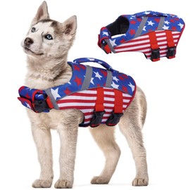 Kuoser Small Dog Life Jacket High Flotation, American Flag Reflective Dog Life Vest for Swimming Boating, Adjustable Small Dog lifejacket, Lightweight Dog Life Preserver Rescue Handle for Summer