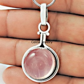 Solid 925 Sterling Silver Pendant for Women Men, Genuine Pink Rose Quartz Round Gemstone Unique Handcrafted October Birthstone Jewelry