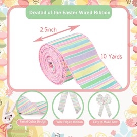 Easter Ribbon with Wired Edge, 2.5 Inch Spring Pastel Ribbon, Easter Ribbon, Easter Ribbons Decoration for Gift Wrapping, Easter Egg Bows, Easter Gifts, DIY Gift, Decoration Crafts
