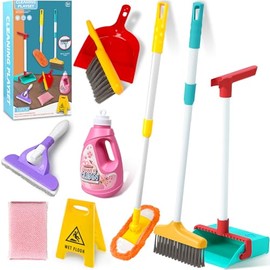 Kakurookie 9PCS Toddler Kids Cleaning Toy Set, Kids Mop Broom & Dustpan Set, Pretend Play Children House Cleaning Toys for Girl Boy 3-12 Year Old Clean Toy (Cleaning Kit)