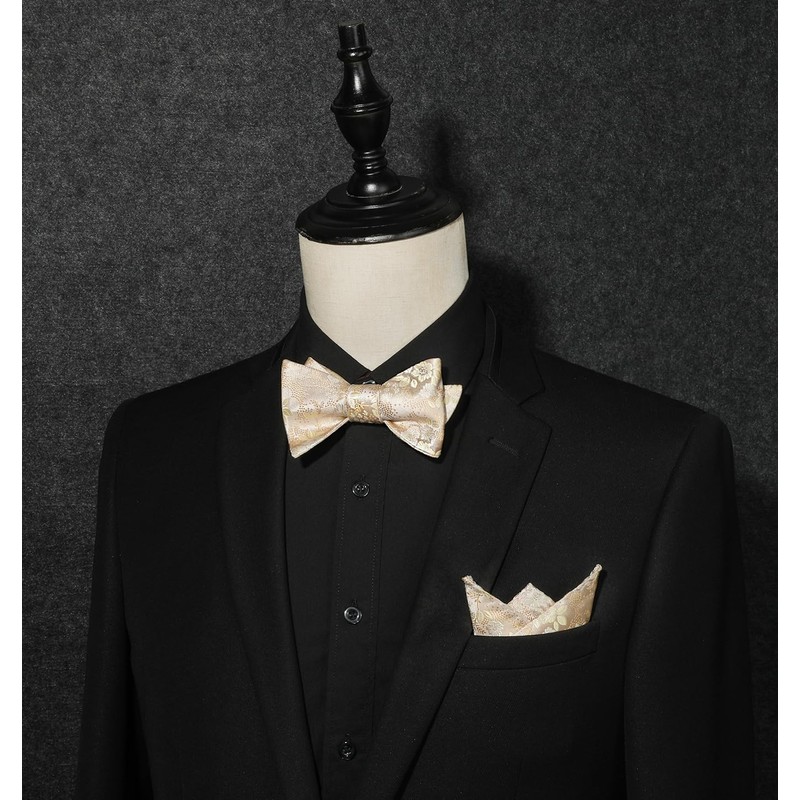 HISDERN Bow Ties for Men Champagne Gold Floral Self Tie