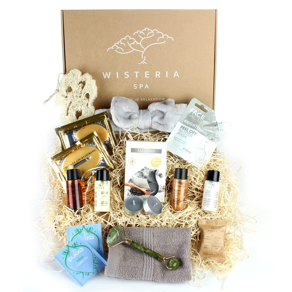Wisteria Spa Good Vibes Pamper Hamper Gift Set For Women - Brightening Glitter Silver Face Mask, Luxury Spa Headband, Loofah, Collagen Masks, Luxurious Toiletries, Candles, Tea, and Jade Roller