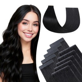 TESSHAIR Injected Tape in Hair Extensions Human Hair 10 Pcs Invisible Skin Weft Remy Real Hair Extension Tapes Natural Tape Extensions for Women Girls(Jet Black, 20g) - 20Inch