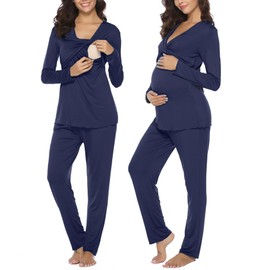 Irdcomps Women's Maternity Pyjamas Set Cotton Breastfeeding Nursing Nightwear PJ Set Long Sleeve Sleepwear Pregnancy for Hospital Home Navy Blue XL