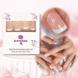ELEVENAIL Natural Clear Nude French Press On Nails Short Squoval False Acrylic Nail Art Tips Salon Women Girls DIY Manicure Daily Reusable Stick On Fake Nails Gifts for Office Home Party
