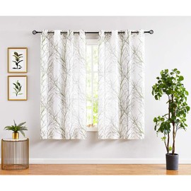 FMFUNCTEX Linen Semi Sheer Curtains for Bedroom, Sage Green White Curtains 45 Inches Long for Living Room, Grey Tree Branch Print Curtain Light Filtering Kitchen Window Drapes, Grommet Top 2 Panels