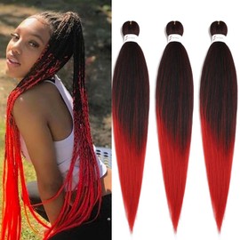 Pre Stretched Braiding Hair Extensions 3 Packs 30 Inch Black to Red Ombre Braiding Hair Synthetic Braids Hair Extension for Women Hot Water Setting(30Inch,1BRed)