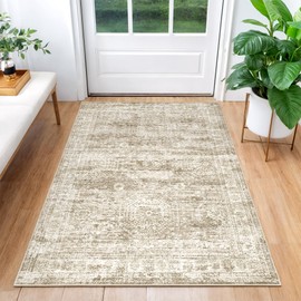 Restydon 3x5 Washable Area Rug for Entryway, Soft Kitchen Rugs Non Slip for Dining Room, Vintage Abstract Living Room Rug, Thin Area Rugs Indoor for Bedroom, Kids Room Decor(3'x5', Brown/Ivory)