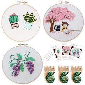 Traziewell Embroidery Kits for Beginners 3 Sets of Embroidery Kits with Patterns Including Embroidery Cloth with Pre Printed Patterns Thread Hoop 1826