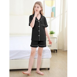 QZH.DUAO Girls 100% Cotton Pajama Sets, 3PCS Button Down Loungewear PJS, Black, 11-12 Years