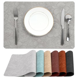 17×11.7Inch Faux Leather Placemats Set of 4 Light Gray with Shallow Embossed, Wipeable, Heat Resistant, Washable, Non-Absorbent, Stain & Oil-Resistant Table Mats, Anti-Slip Place Mats for Dining