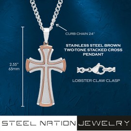 Men’s Stainless Steel Brown Two-Tone Stacked Cross Pendant with Curb Chain Necklace, 24”