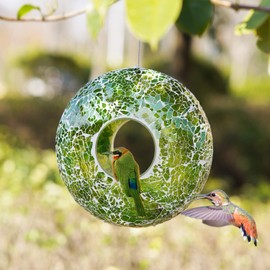 Voltogar Glass Mosaic Hanging Fly Through Bird Feeder for Garden, Yard, Patio and Porch Decor, 9" H Green Outdoor Hanging Round Wild Bird Feeder