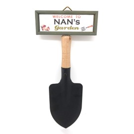 "Welcome to Nan's garden" hanging shovel sign