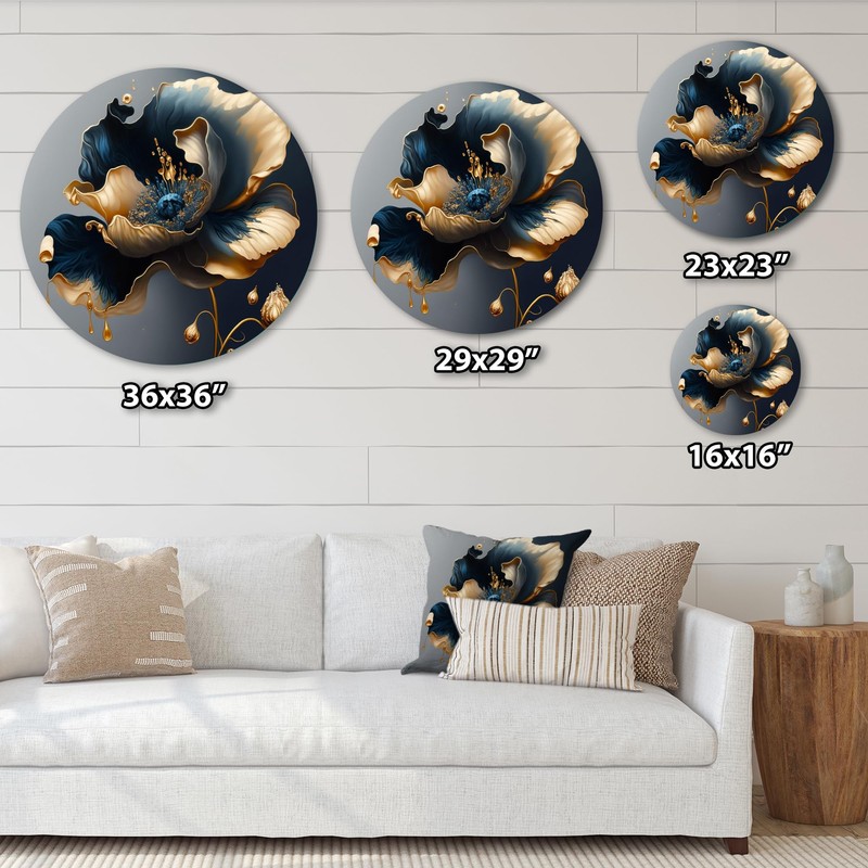 DesignQ Round Metal wall art, Deep Blue and Gold Blossom