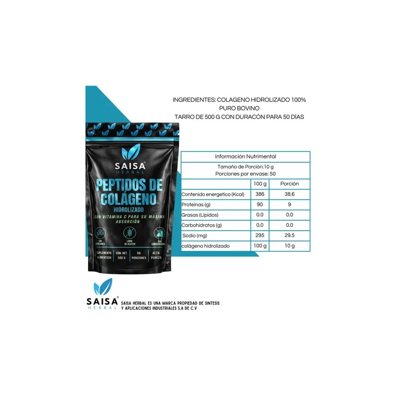 Colageno Hidrolizado 500 G Peptidos 100% Puro Saisa Herbal