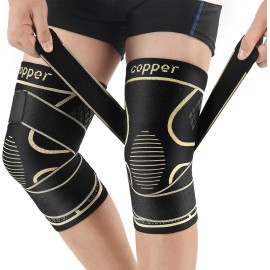 MEIDDANO Copper Knee Braces with Strap for Pain Women and Large, Black+Copper