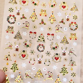 5D Embossed Christmas Nail Art Stickers Gold Xmas Nail Stickers Christmas Tree Snowflakes Elk Nail Decals Self-Adhesive Nail Supplies for Women Girls Winter Xmas Holiday Manicure DIY