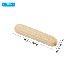 PATIKIL 3/16" x 31/32"(5 x 25mm) Wood Dowel Pins, 150 Pack Fluted Wooden Dowel Pin Straight Groove Rods for Furniture Door Art Crafts Projects