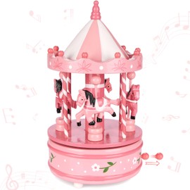 BRUBAKER Wooden Music Box - Nostalgic Carousel with Horses - Melody: Jingle Bells - 24 cm Music Box Decoration for Christmas - Christmas Decoration Music Box - Pink