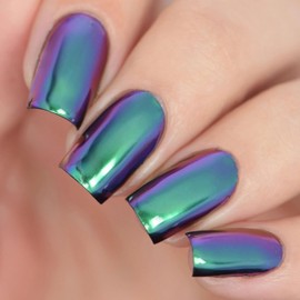 Qsnidy Press on Nails Square - Magic Chameleon Green Chrome Fake Nails Medium Acrylic Full Cover Glue on Nails in 12 Sizes - 24 Piece Nail Kit，Natural Fit for Women & Girls Daily Wear