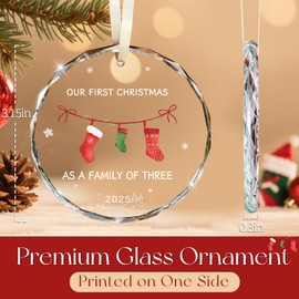 Family Christmas Ornaments 2025, Our First Christmas as A Family of Three Glass Ornament New Mom and Dad Gifts First Time 2025 Keepsake Sign Newborn Gifts