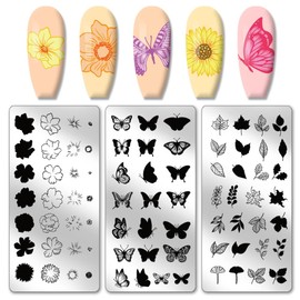 PH PandaHall 3pcs Flower Leaves Nail Stamp Plates, Butterfly Nail Stamper Plant Nail Art Stencils Print Nail Stencils Stainless Steel Nail Picture Plate for Overlay Use, Nail Art Design