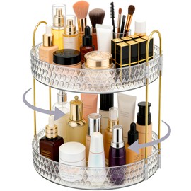 360° Rotating Cosmetic Display Case, 2-Tier Large Capacity Makeup Organizer for Bathroom Counter or Vanity, Clear White Acrylic Storage Rack for Skincare, Perfume and Beauty Essentials