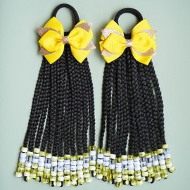 2pcs Kids Ponytail Extension - Braided Hair Extensions Braids with Bow and Beads Detachable Synthetic Hairpieces Protective Easy Hairstyle For Children Girls (Set of 2, Box-10inch) (Yellow)