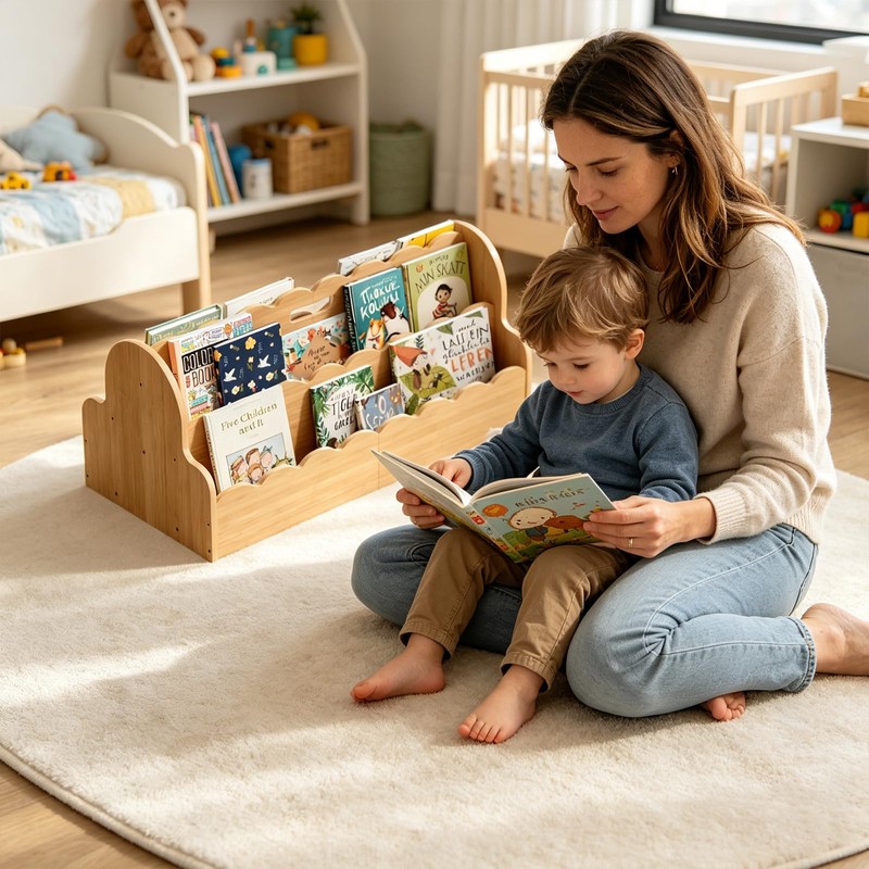 Bamboo Kids Bookshelf with Handles, 4-Tier Double-Sided