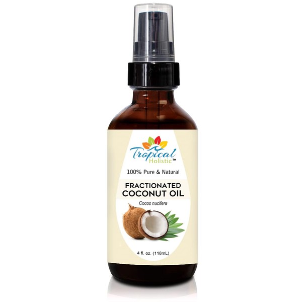 Tropical Holistic Fractionated Coconut Oil 4 oz - 100% Pure Organic Cold Pressed Unscented Liquid Coconut Oil for Skin, Hair, Nails, Massage, Carrier Oil for Aromatherapy, Aceite de Coco