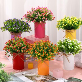Maxdot 6 Sets Spring Centerpieces Table Decorations Artificial Milan Floral Arrangements with Galvanized Pot Fake Faux Flower Bouquet Easter Summer Decor for Home Dining Room Wedding Baby Shower Party