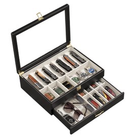 Emfogo Pocket Knife Display Case for Collection of 17-23 Folding Knives, Pocket Case with Real Glass Window Top, Two-Tier Knife Organizer Storage Box, Men's Gift